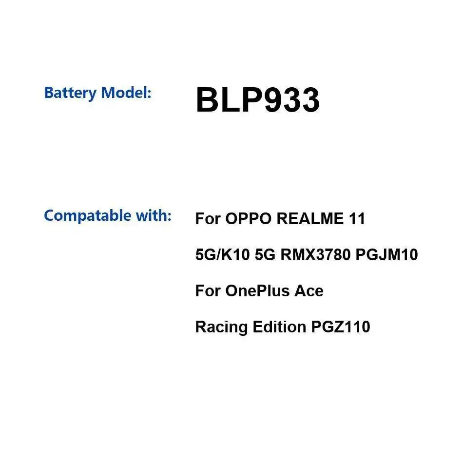 

Mobile Phone Battery BLP933 5000Mah For Oppo Realme 11 5G K10 RMX3780 PGJM10 Oneplus Ace Racing Edition PGZ110