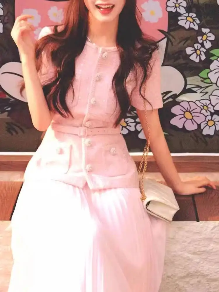 QMQA Fashion Women's Elegant 2 Pcs Set O Neck Short Sleeve Sequins Tweed Belt Coat High Waist Pleated Skirts Sets 2024 New 1A115