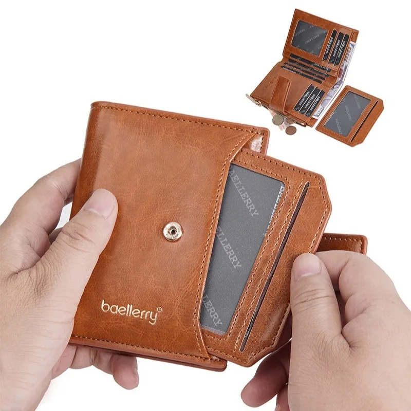 Baellerry Women PU Leather Wallet Stretched Card Slot Oil Wax Leather Short Zipper 2-fold Female Ladies Wallet