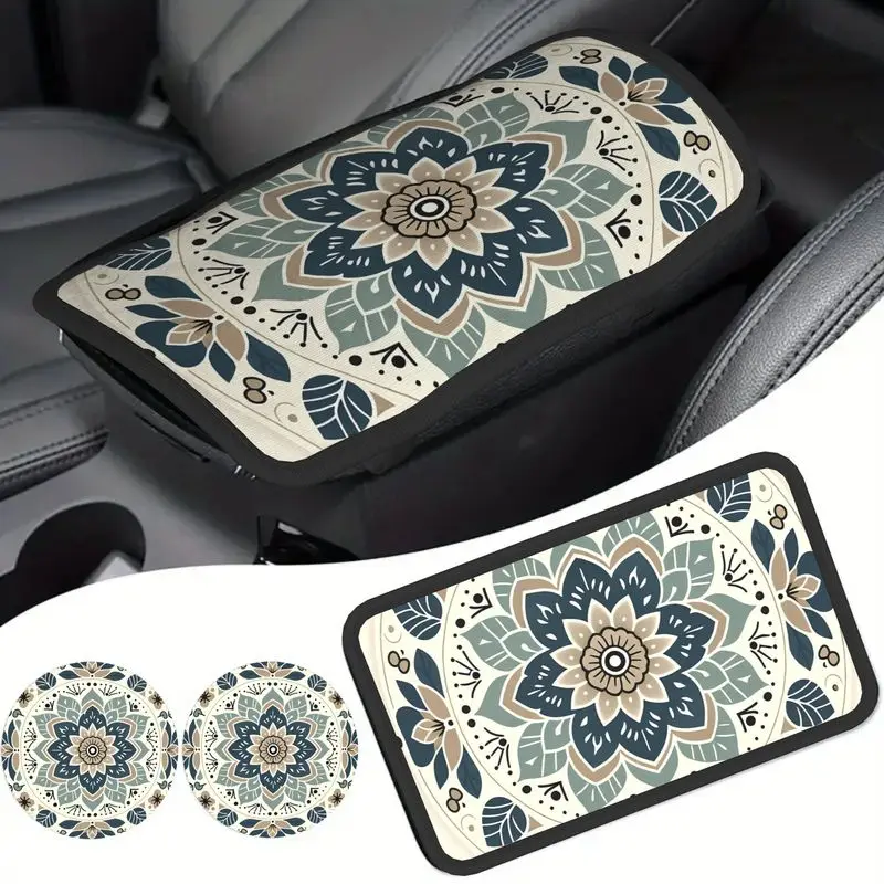 1Pc Car Armrest Cover + 2Pcs Cup Coasters | Bohemian Mandala Flower Car Interior Decor Protectors
