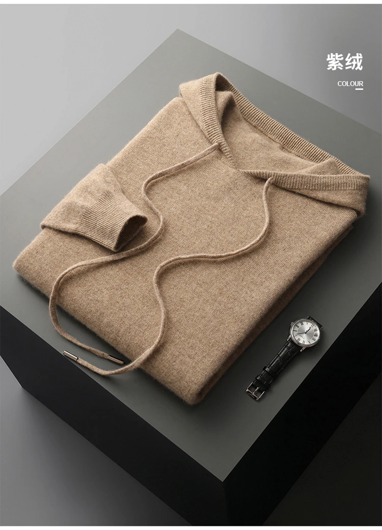 DjzDsm 100% Merino Wool Men's One-piece Ready-to-Wear Hoodie Knitted Sweatshirt Autumn Winter Casual Large Top Long Sleeved