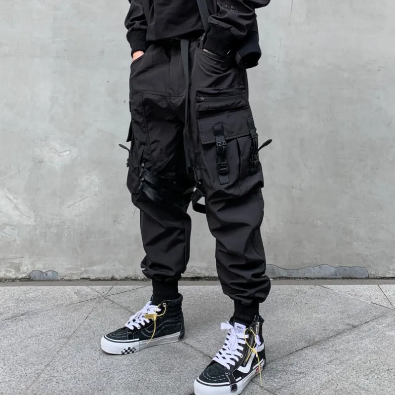 Unisex Multi-Pocket Cargo Pants Elastic Waist Overalls Men\'S Clothing Harajuku Hiphop Streetwear Ribbon Leggings Sweatpants