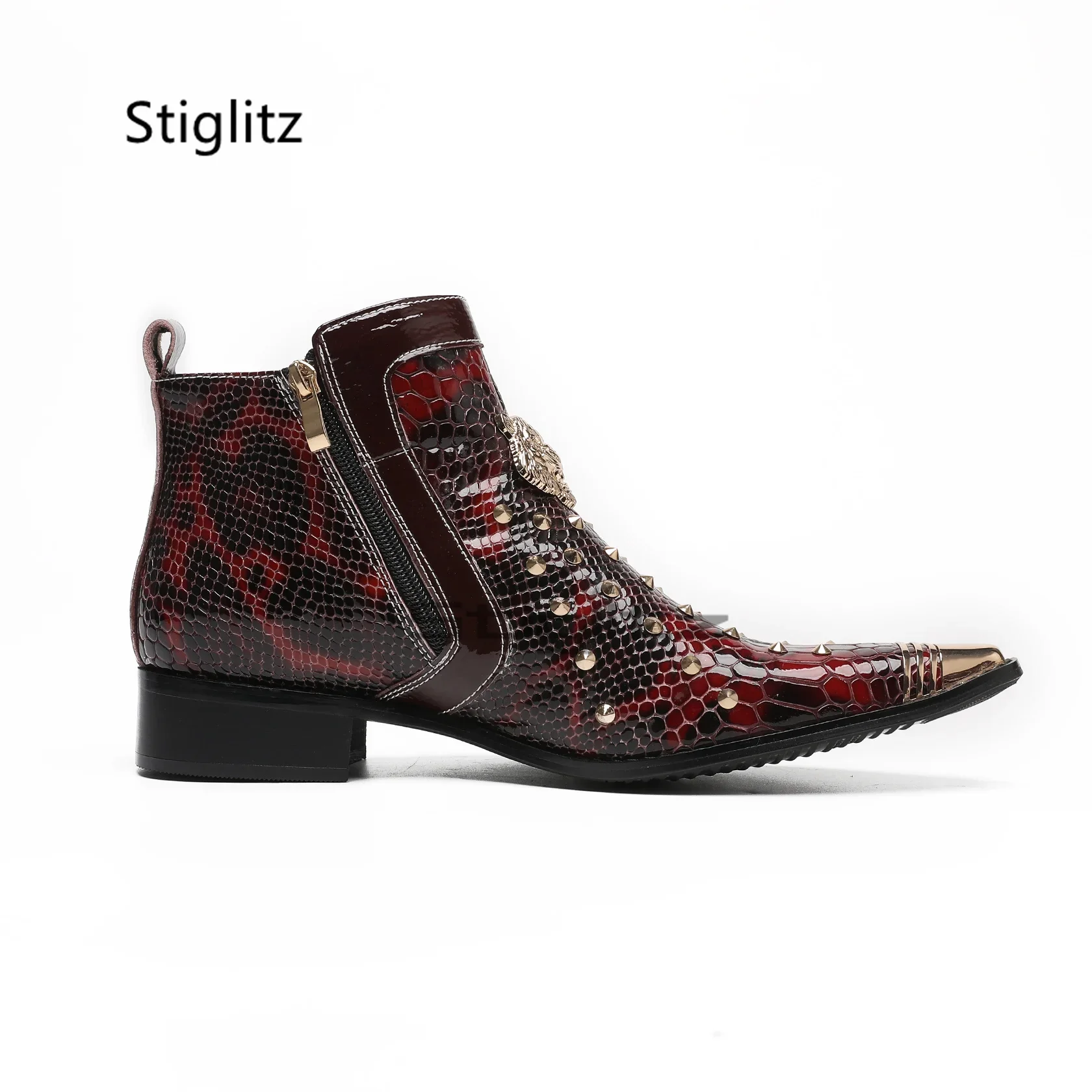 Alligator Pattern Ankle Boots for Men Wine Red Genuine Leather River Boots Metal Decor Low Heels Luxury Design Wedding Shoes