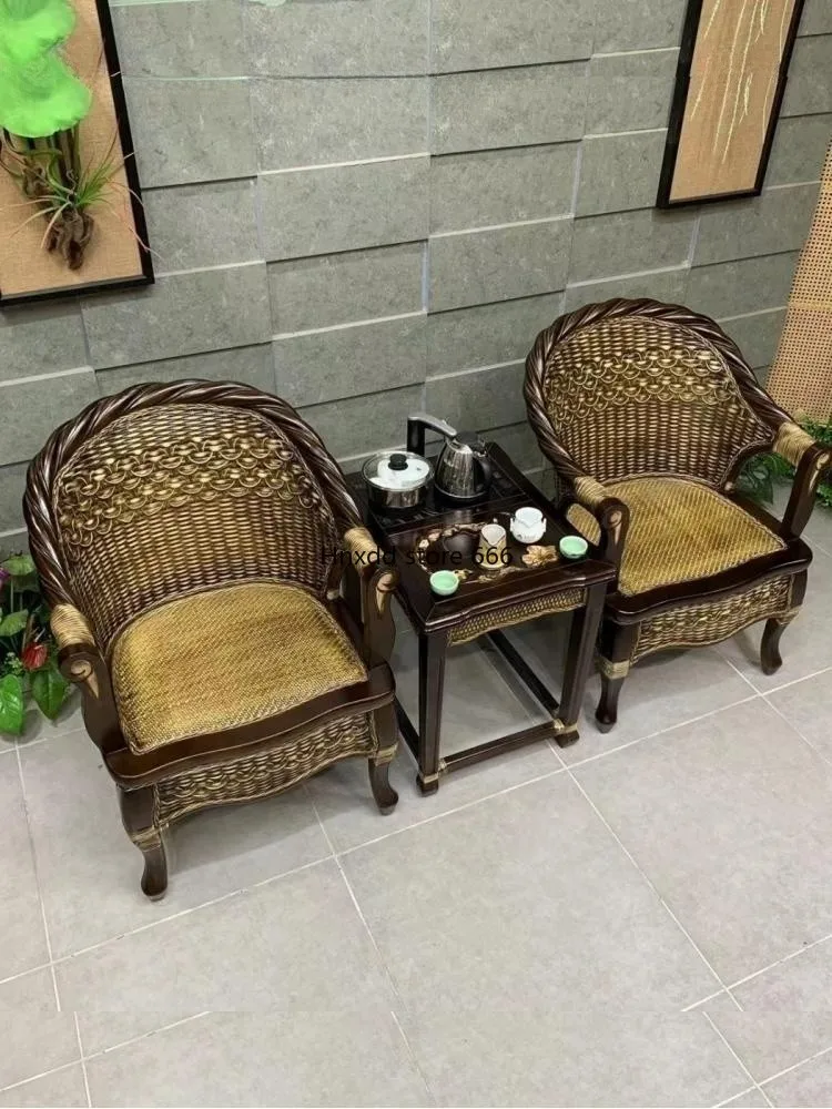 Natural real rattan chair three-piece balcony solid wood single tea table chair casual retro elderly pure rattan