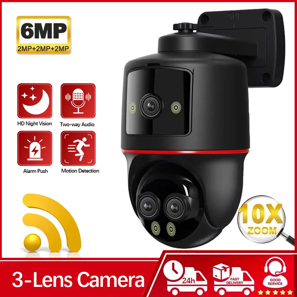 CamHi-Câmera de Vigilância WiFi, Exterior, 6MP, HD, 3K, Zoom de 10X, Três Lentes, Tela Dupla, Visão Noturna Colorida, Onvif 360 °, Câmera IP PTZ