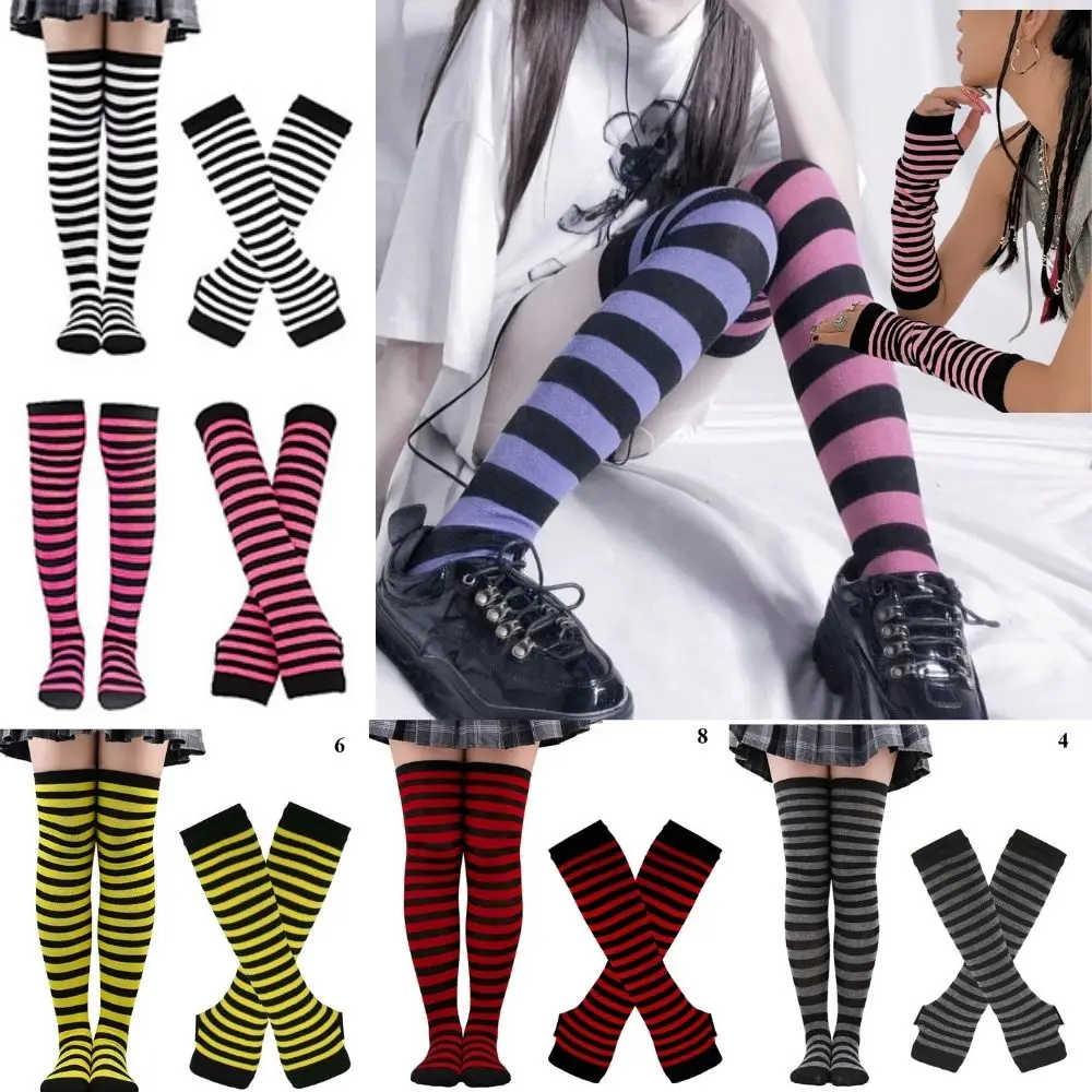 

Hot 1 Set Women Gothic Punk Over Knee Long Stripe Socks Arm Sleeve Girls Thigh High Cotton Socks Sweet Stripe Printed Stockings