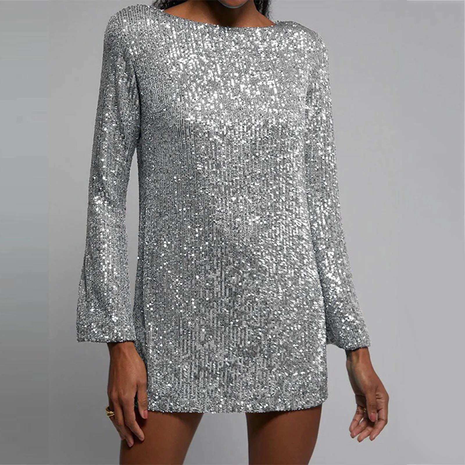 Robe courte sexy à paillettes pour femmes, mini robe de soirée, col rond, manches longues, fermeture éclair, tambour, boîte de nuit, mode élégante, été, nouveau