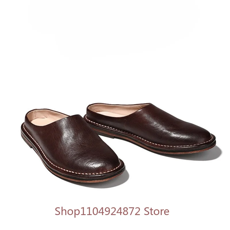 Handmade Genuine Leather Slippers Men's Shoes Breathable Slip on Loafers Youth Horsehide Summer Formal Leather Shoes Male