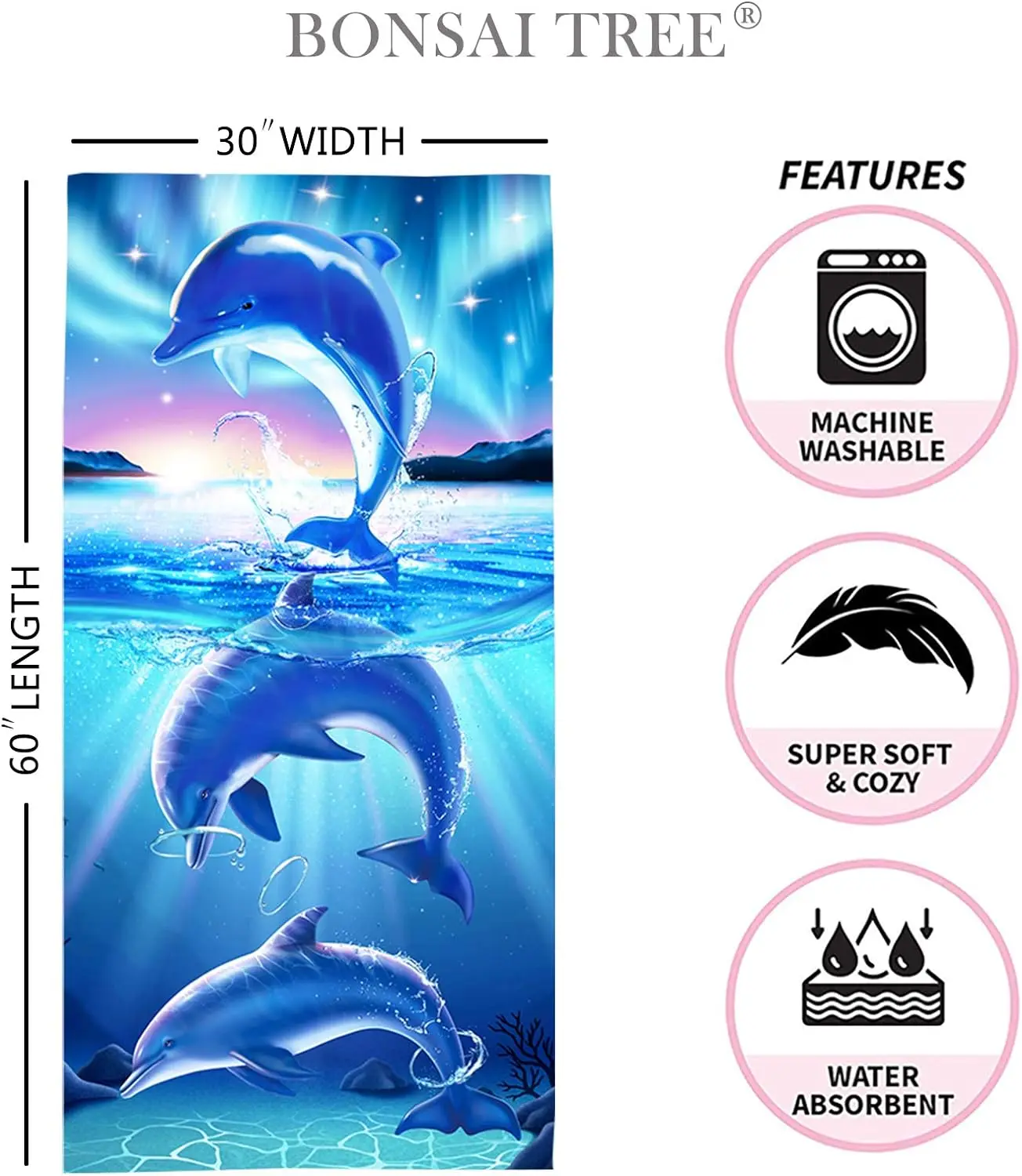 Cute ocean dolphin themed bath towel, fun animal cartoon beach towel for boys and girls swimming on the beach