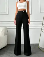 Pantalones de Pierna Recta Negros para Mujer, Cintura Alta, Cierre con Botones Frontales, Pantalones de Moda Casuales para Oficina, Primavera/Verano