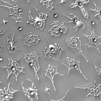 1 adet 5D Örümcek Web Tırnak Etiket Çapraz Gümüş Beyaz Siyah Glitter Şeffaf Rhinestone Gül Kendinden Yapışkanlı Nail Art Etiket