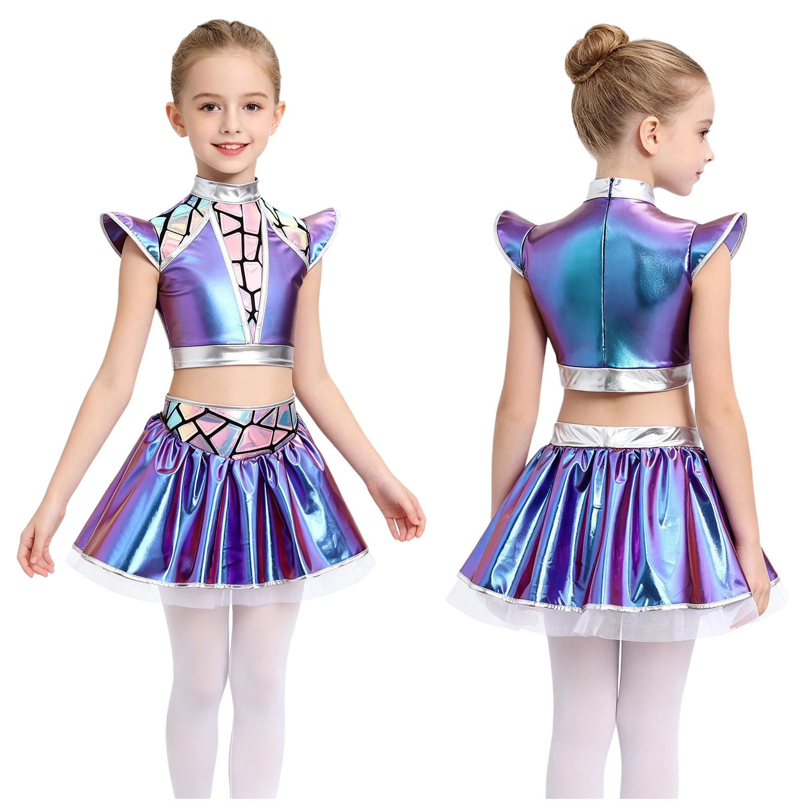 Kids Girls Halloween Alien Robot Costume Jazz Dance Performance Outfit Metallic Shiny Crop Top with Tutu Skirt Built-in Briefs
