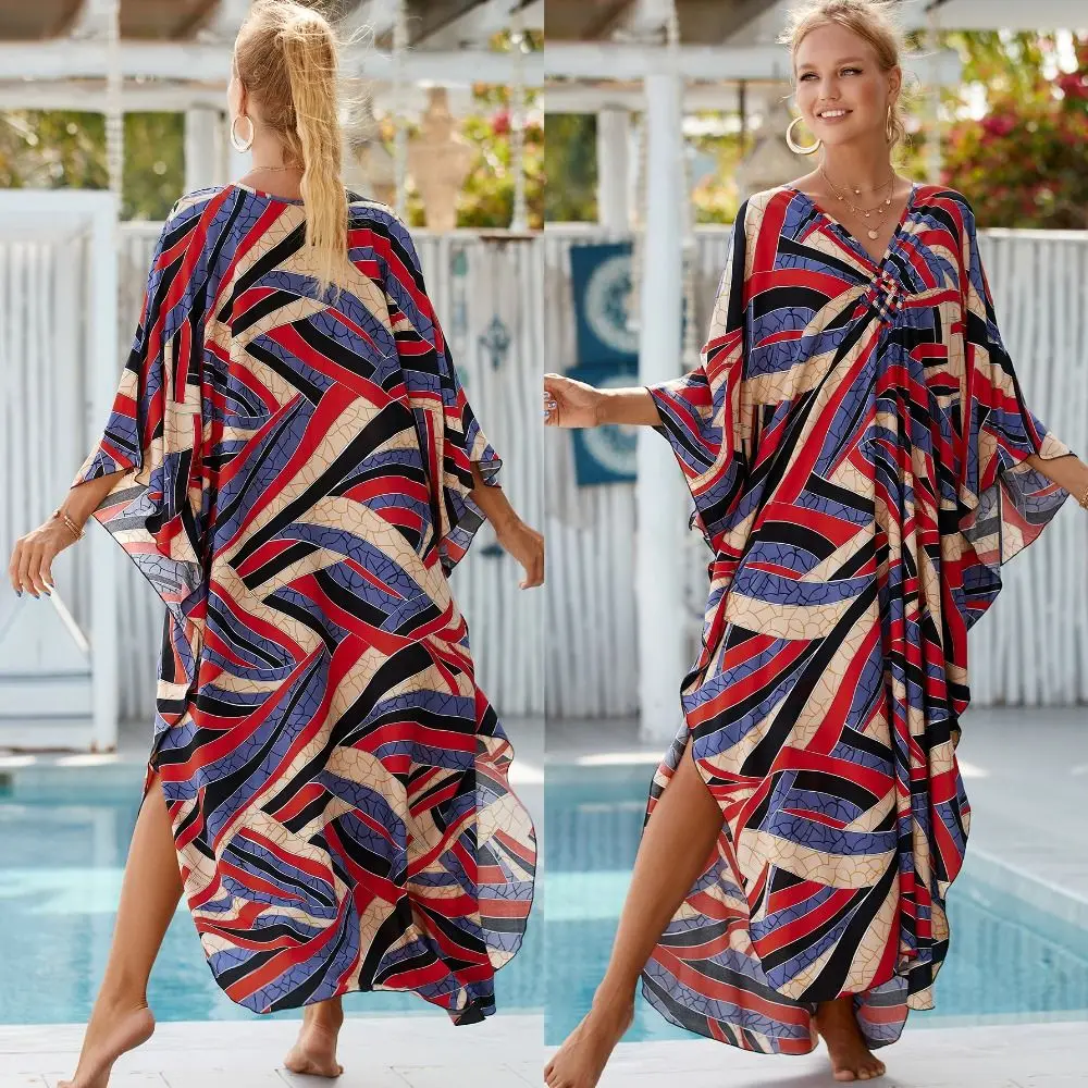 

Casual Boho Bikini Cover-ups Leaves Print Open Front Loose Maxi Dress Oversized Beach Cardigan For Women