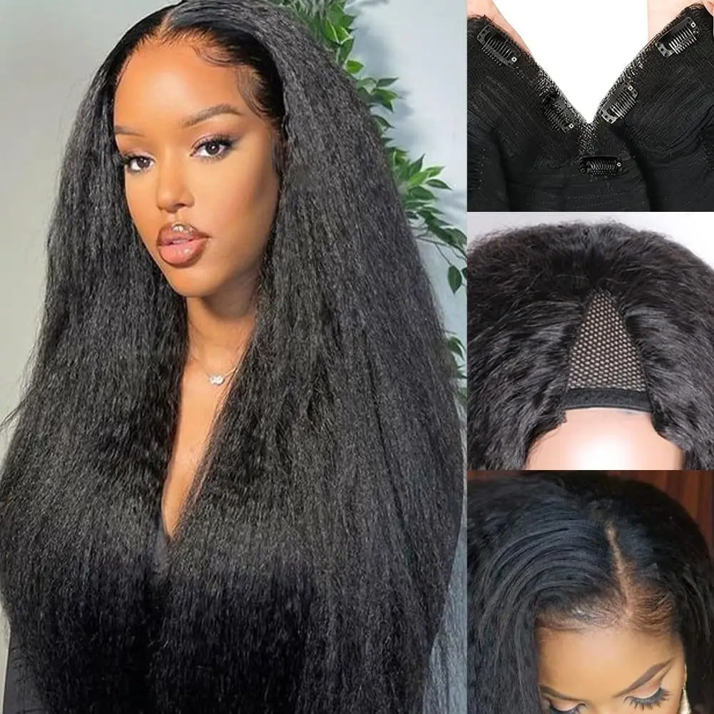 Synthetic Yaki Straight Long V-Part Wig for Women Hollow Half Wig Cap Black Hairpiece Cosplay Daily Party