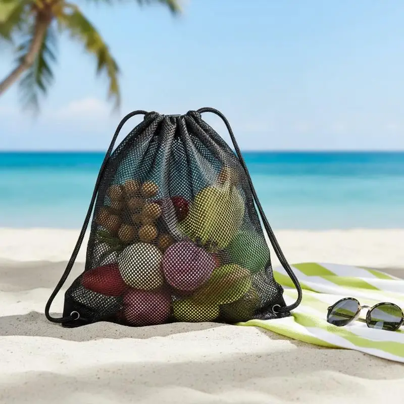 Mesh Drawstring Bag Backpack Black Mesh Bags Heavy Duty Soccer Ball Net Bag Equipment Bag For Gym Beach Swimming Gears