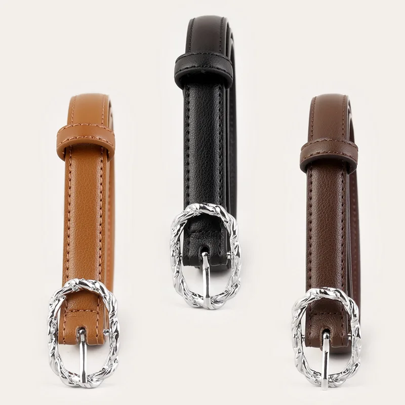 2025 Plain Cofffee Brown Real Leather Waist Belts for Women Irregular Silver Buckle Jeans Belts Ladies Waistband Cinturon Mujer