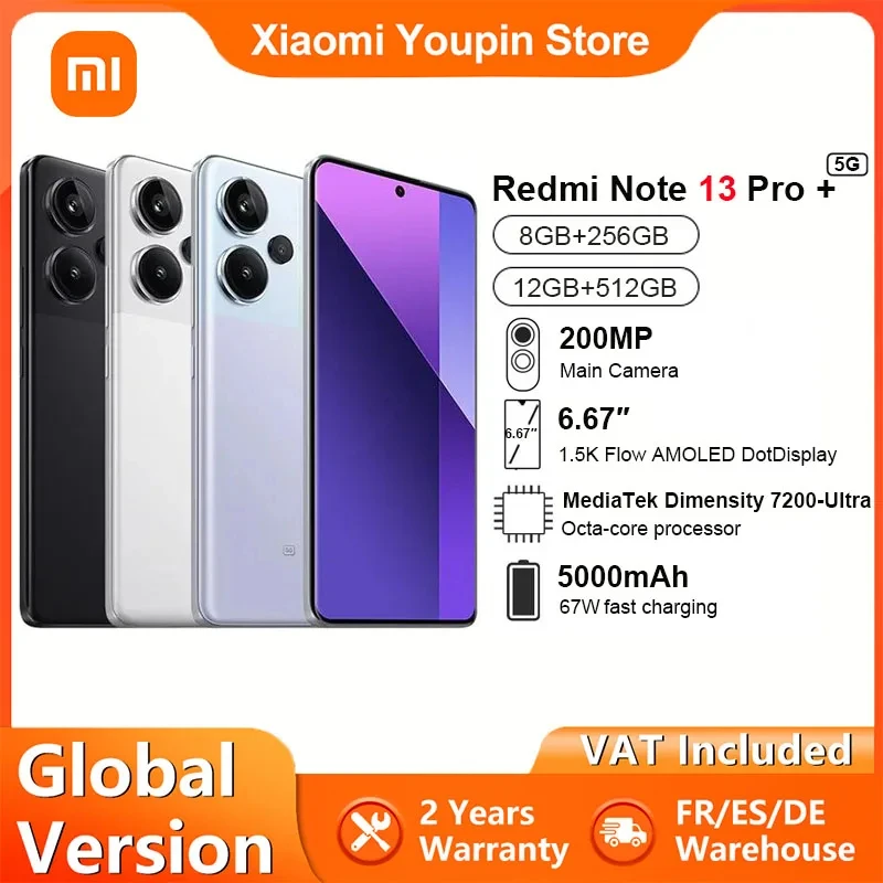 Global Version Xiaomi Redmi Note 13 Pro Plus 5G MTK Dimensity 7200-Ultra 6.67‘’ 120Hz AMOLED 120W Hyper Charging 200MP Camera