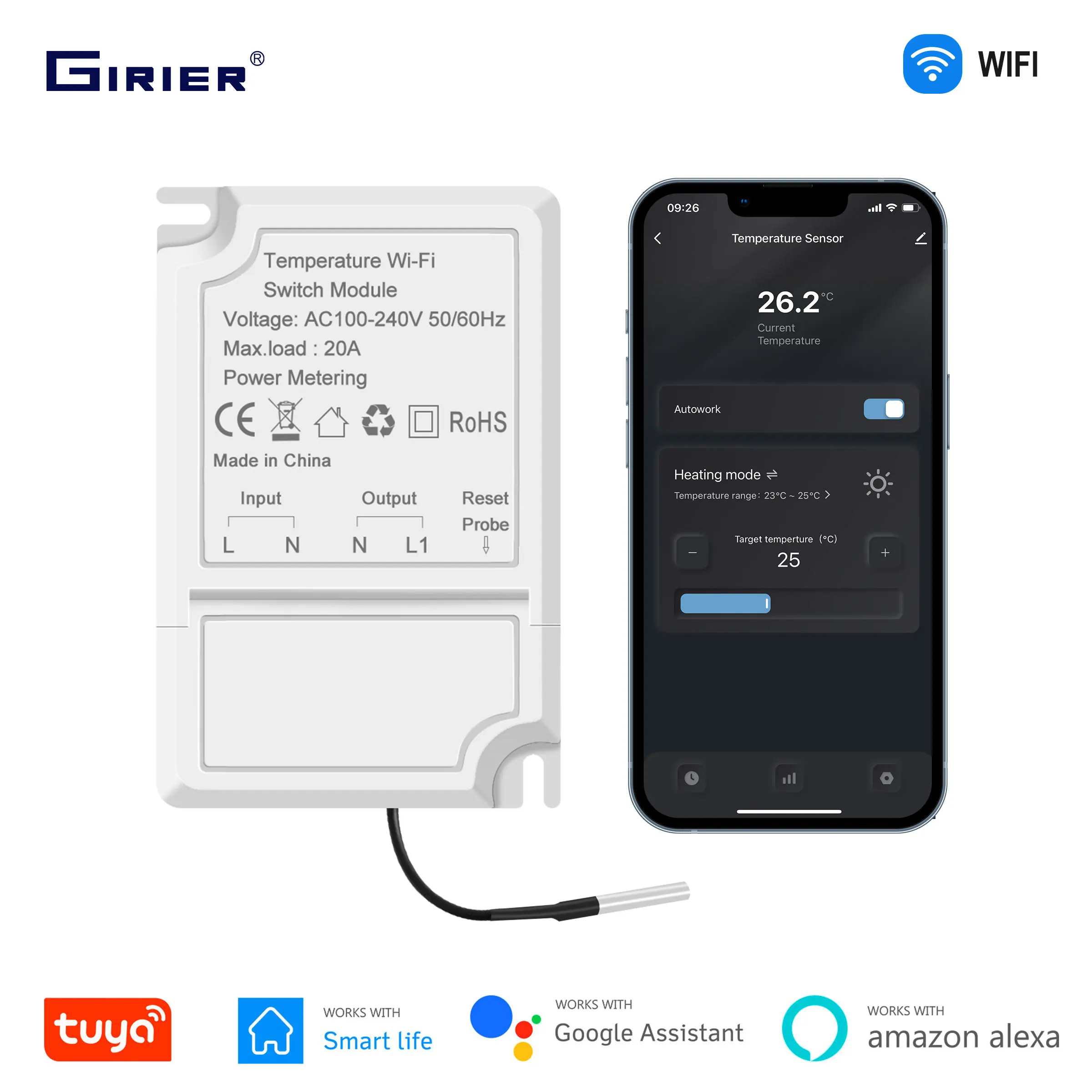 GIRIER Smart WiFi Switch Module 20A Temperature Humidity Controller Energy Monitoring Work with Alexa Hey Google No Hub Required