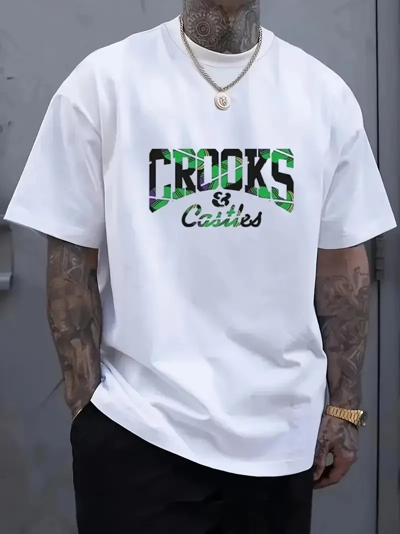 Crookes and Castle Herren-T-Shirt mit tropischem Aufdruck, kurzärmelig, Rundhalsausschnitt – leuchtende Farben, geeignet für Fitness, Reisen und Lei