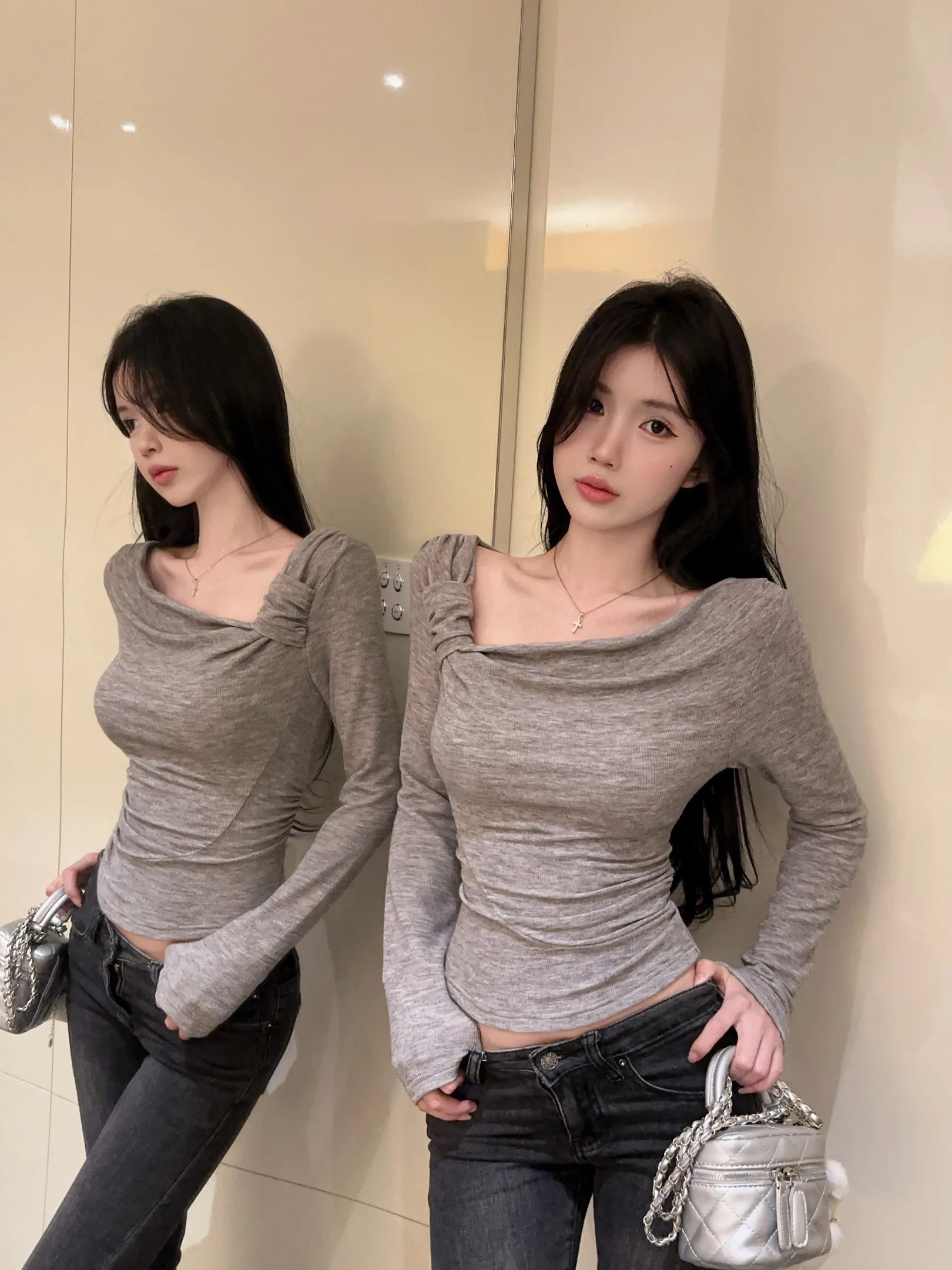 Korean Style Knitted Base Shirt Women's Early Autumn New Elegant Atmosphere Side Shoulder Top Cotton Linen Long Sleeve T-Shirt