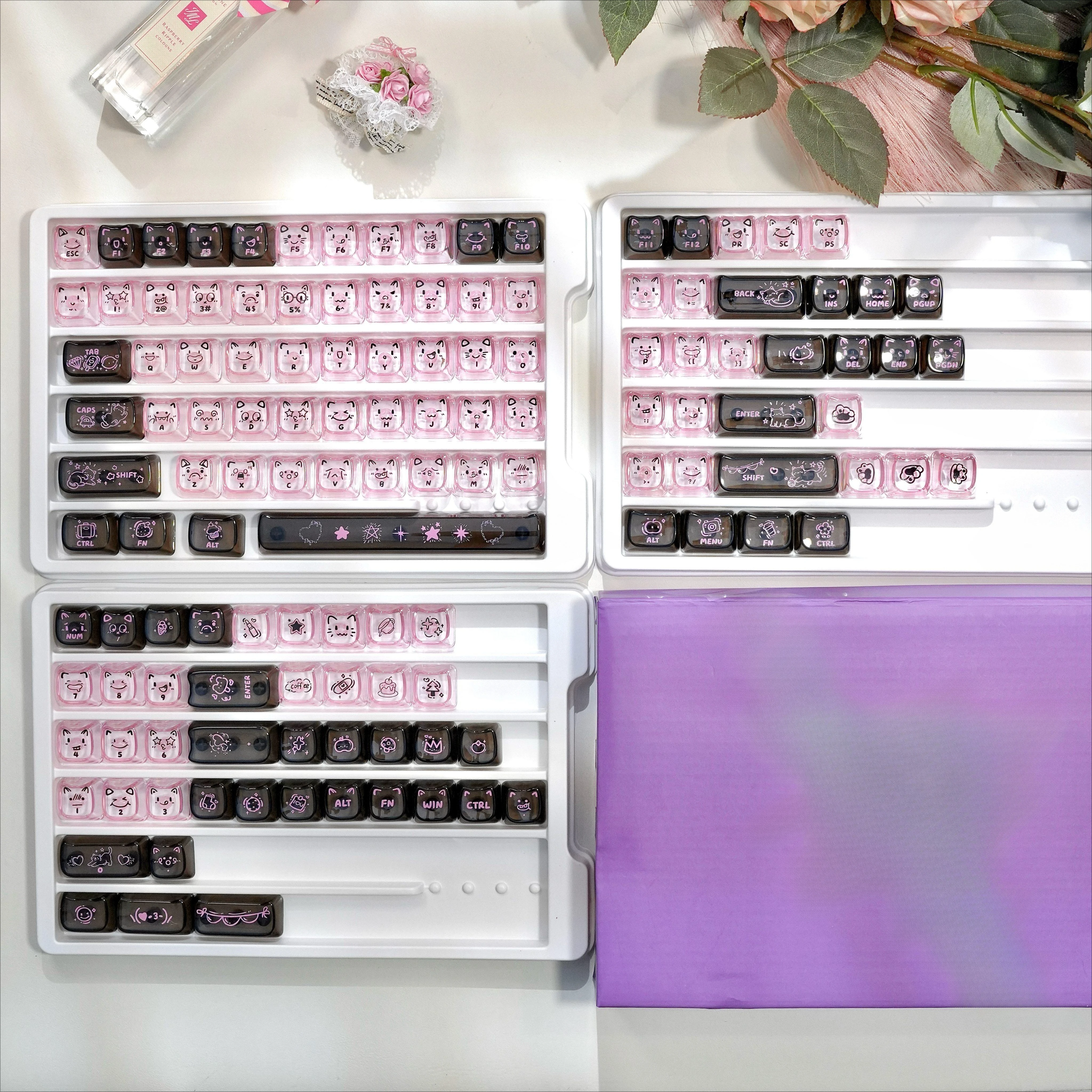 Cute Fully Transparent Keyboard Keycaps, Keyboard Accessories, Black Pink Transparent Cross Keycaps