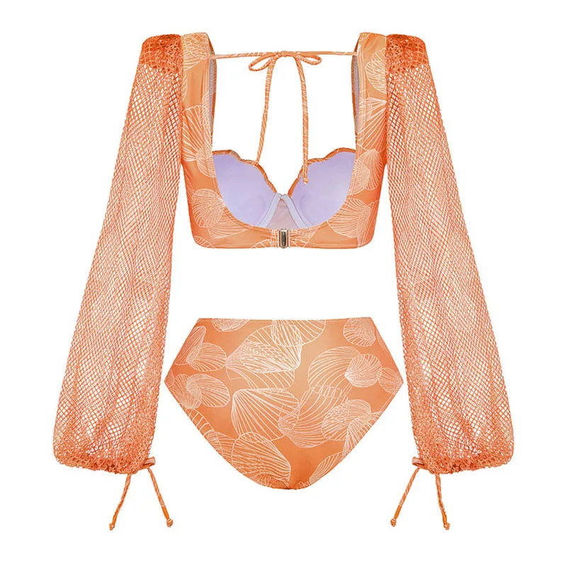 One-piece Women Swimwear Swimsuit Fashionable sexy swimsuits Beach Dress Style V-neck mesh Long-sleeve Shiny Shell Print
