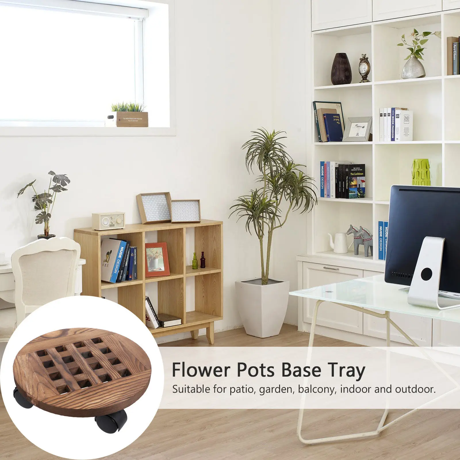 Wooden Round Pots Tray Thickened Wood Flowerpot Base Tray Movable Indoor Outdoor Wheel Flowerpot Stand for Garden