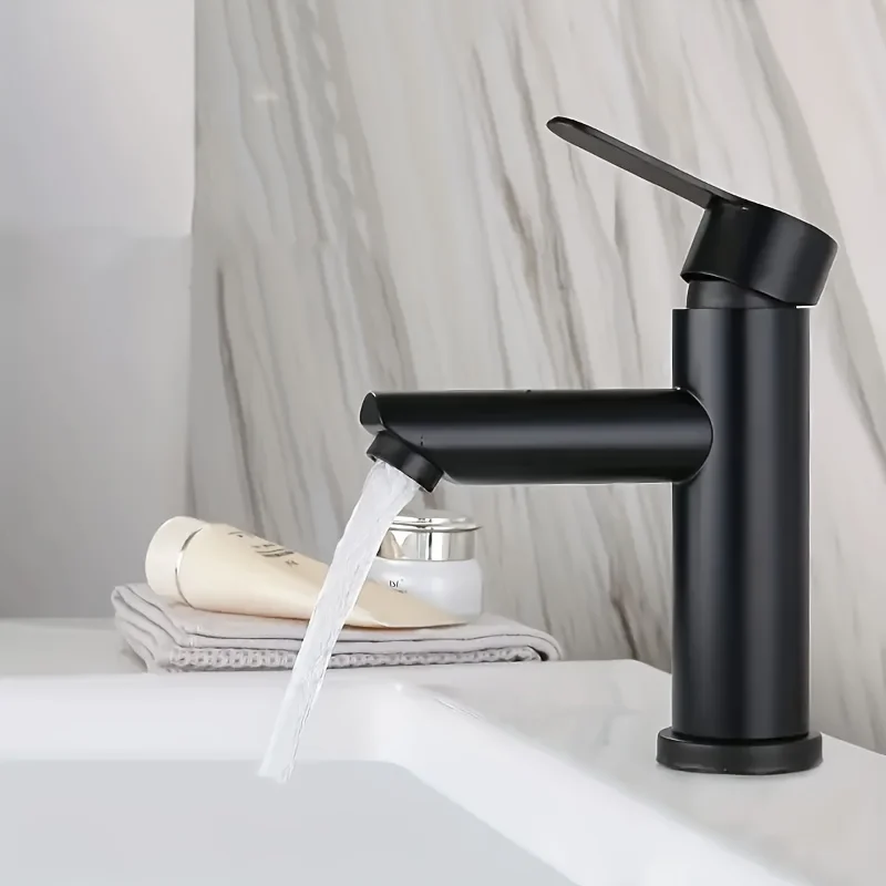 

Modern matte black bathroom sink faucet single hole water-saving valve, no need for electricity, glossy painted surface