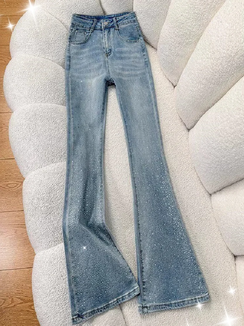 

Джинсы с высокой талией и расклешенными штанинами, женские, в корейском стиле, с бриллиантовой отделкой, утягивающие, длинные брюки, весенний сезон, повседневная одежда, из смесового хлопка