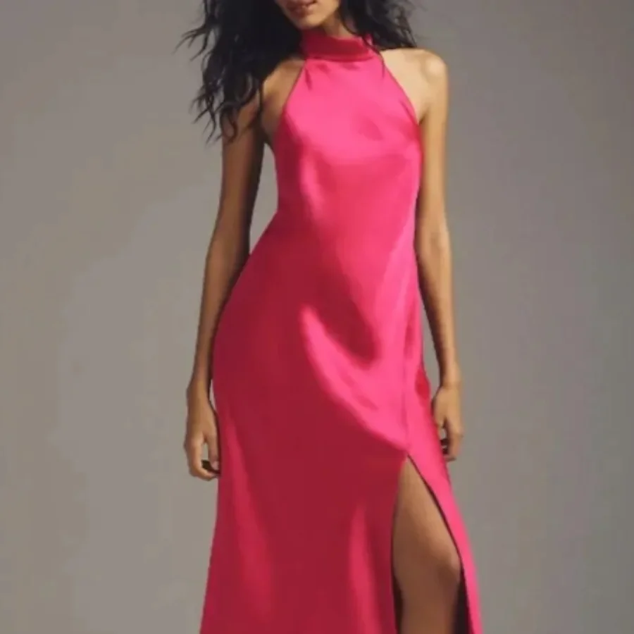 OUSIRUI Barbie Powder Off-The-Shoulder And Calf Dress Split Evening Prom Dress Bridesmaid Satin Silk Pink Wedding Dress