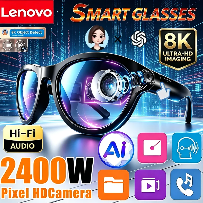 Lenovo Hands‑Free Wireless 8K HD AI Glasses Smart Sunglasses Bluetooth Smart Camera Glasses Calling Translator Voice Assistant
