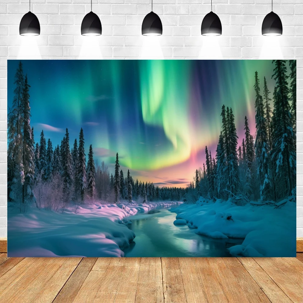الشتاء أورورا ليلة المشهد الطبيعي خلفية القطب الشمالي الثلوج توج الجبال بحيرة السماء المرصعة بالنجوم المشهد خلفية التصوير الدعائم