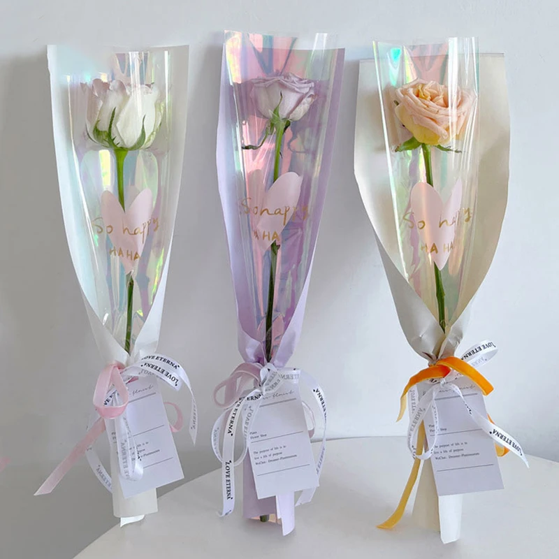 

10pcs Single Rose Sleeves Flower Wrapping Bag Bouquet Packaging Bags Clear Cellophane Floral Wrappers For Valentine's Day