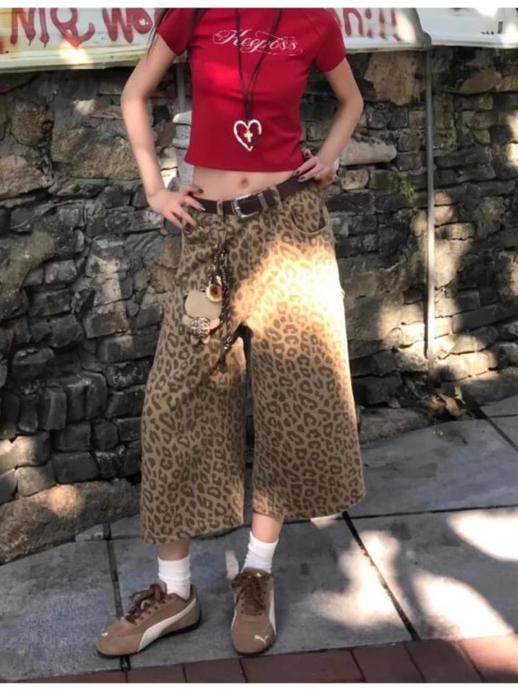 Vintage Street Leopard Print Capri Pants Women High Waist Basic Straight Pants Female Casual Hip Hop Summer Loose Denim Shorts