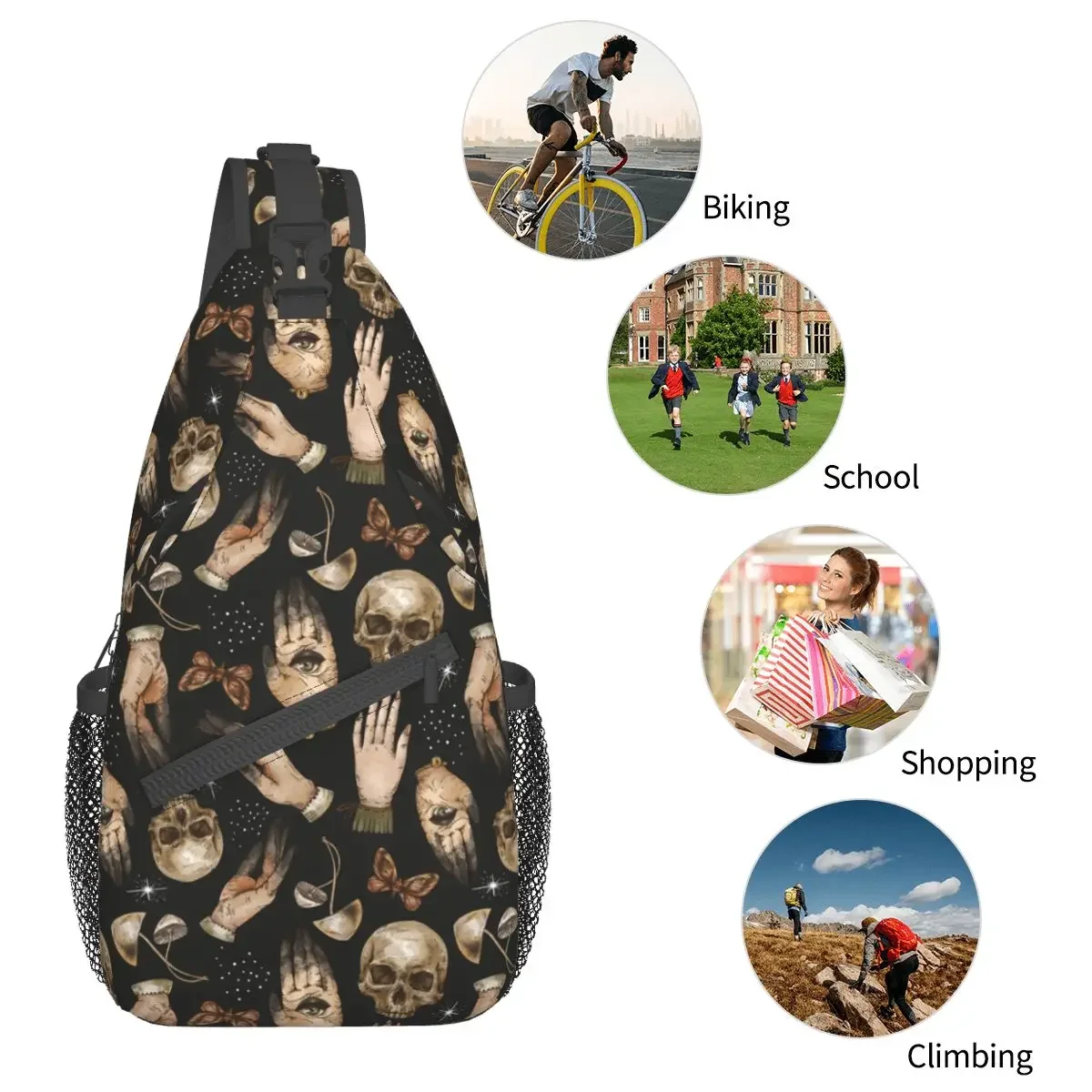 Magical Skull Witch Hands Small Sling Bag Chest Crossbody Shoulder Sling Backpack Outdoor Sport Daypacks Mushroom Men Women Pack