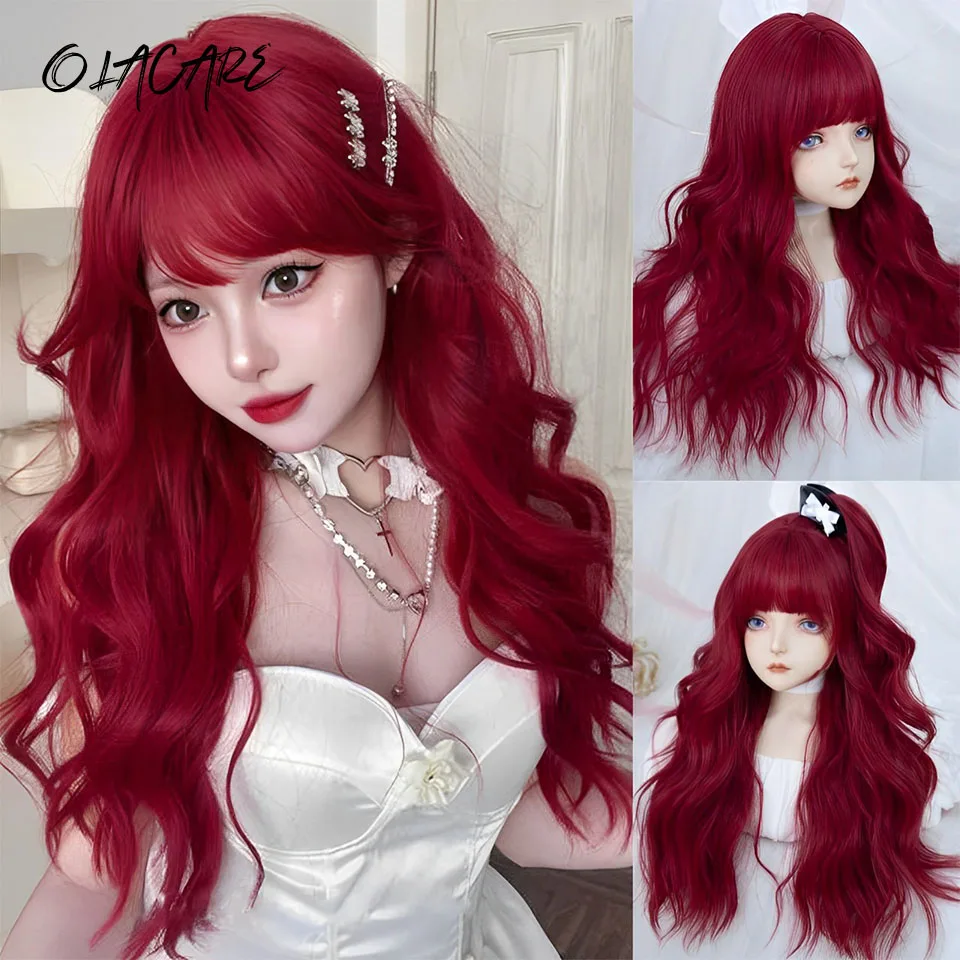 

OLACARE Light Wine Red Synthetic Wigs With Bangs for Women Long Wavy Hair Wig Natural Cosplay Party Heat Resistant