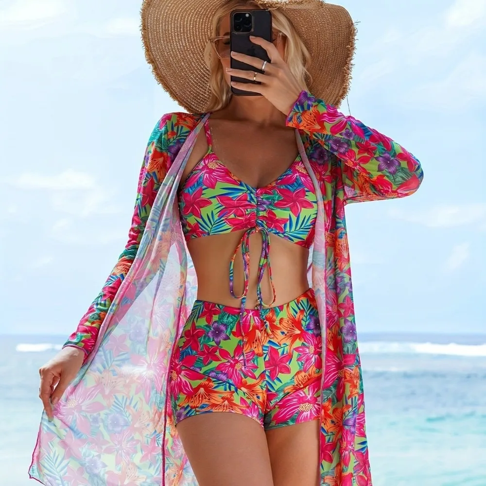3-Piece Bikini Set For Women Mesh Sheer Swimwear Sun Protection Sexy Beach Bathing Suit Fashion Swimsuit 2 Pieces Tankini Swimsu