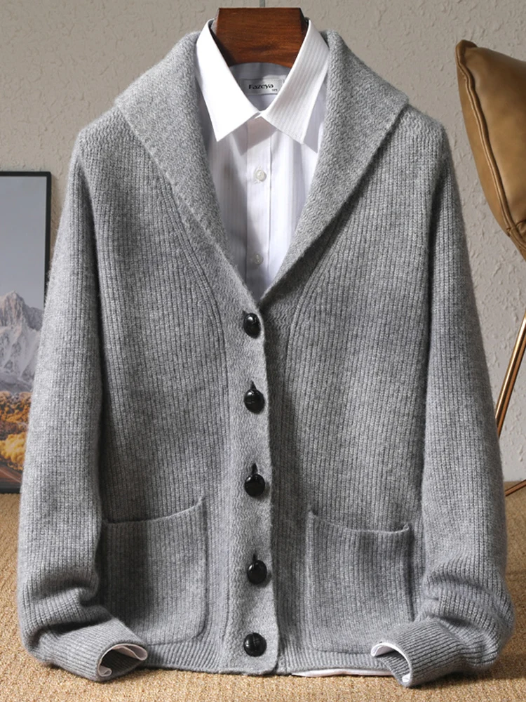 

Autumn Winter Cashmere Cardigan Men's V-Neck Thick Knit Coat Fashion Loose Jacquard Sweater Middle-Aged Large Size Jacket Shirt