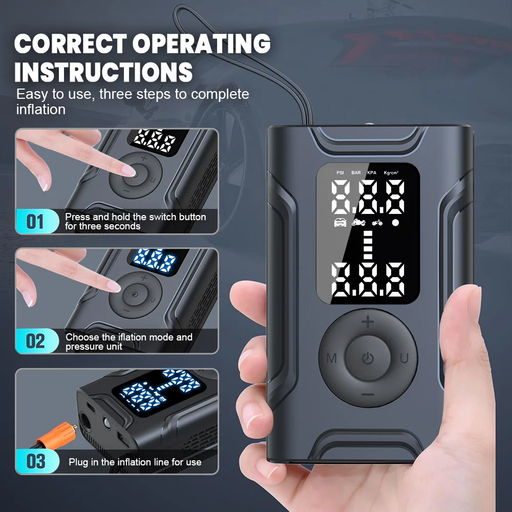 4000mAh Portable Wireless Motorcycle Tire Inflator with Digital LED Display, Auto-Stop, and Power Bank Function