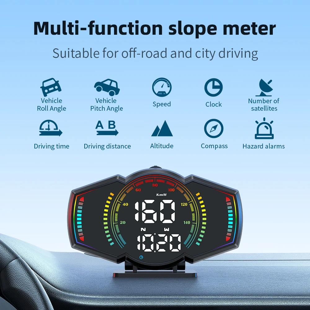 Compatible With All Vehicle Models, HUD Head Up Display, LED Screen, Multifunctional GPS, Car Slope Meter G18
