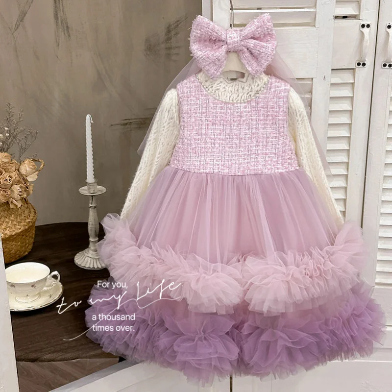 

Girls' Dress2025Autumn New Woolen Vest Dress Lace Base Shirt Set Mesh Skirt