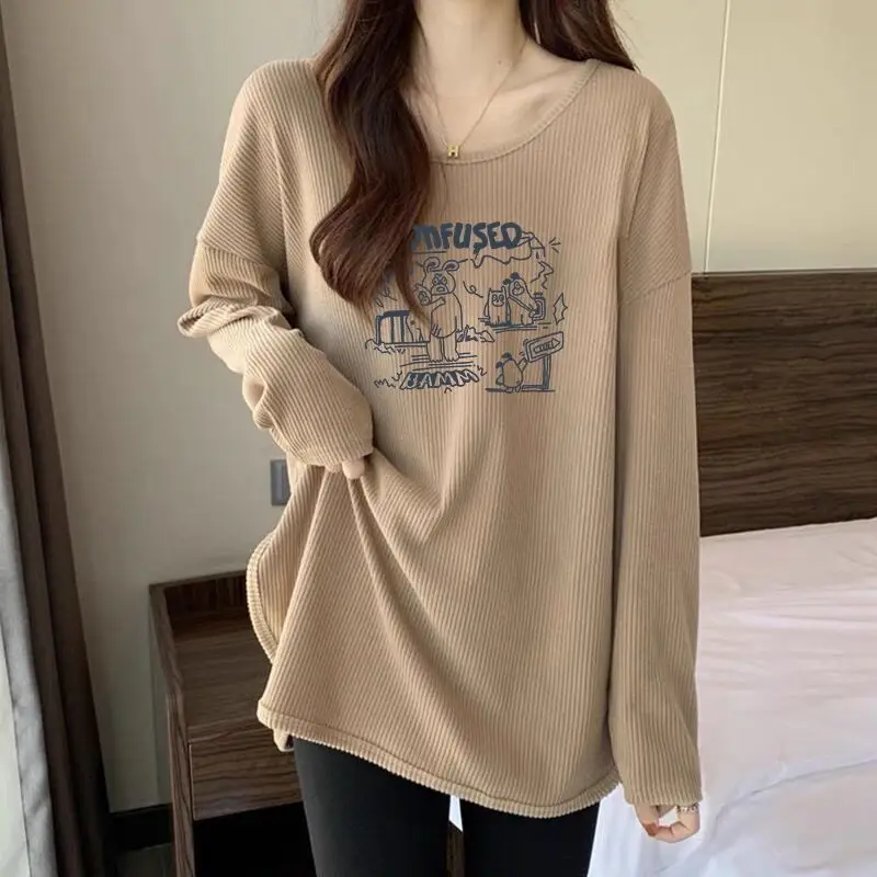 Fashion O-Neck Loose Printed Casual T-Shirt Female Clothing 2023 Autumn Winter New All-match Pullovers Korean Tee Shirt