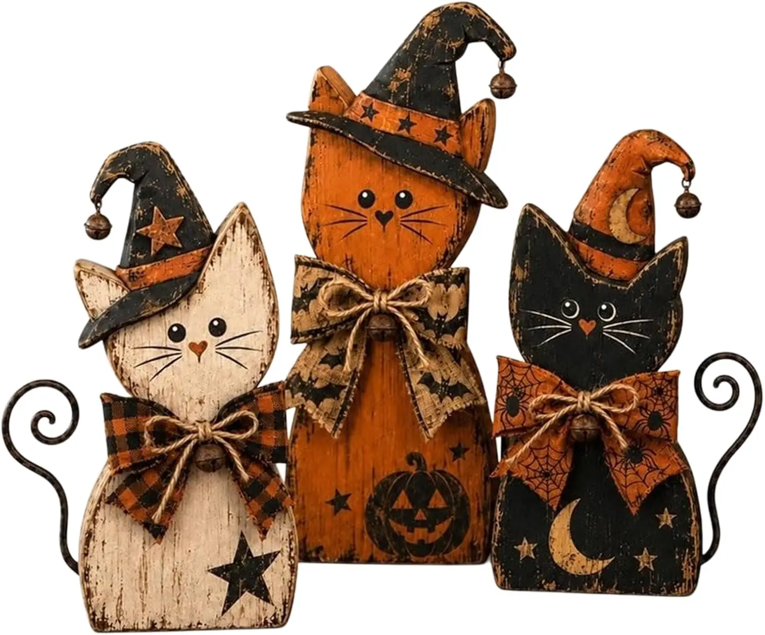 Vintage Halloween Witch Cat Decor Set Resin Figurine Witch Cat