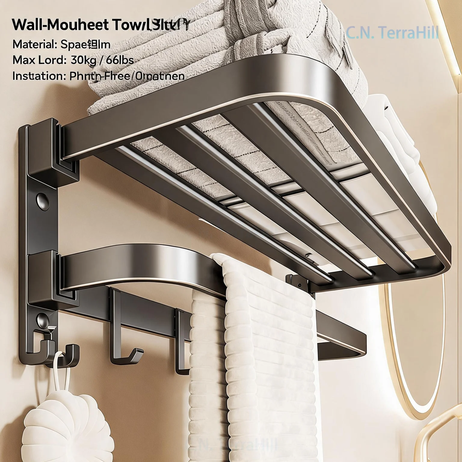 Wall-Mounted Towel Rack for Bathroom, No-Drill Adhesive Storage Shelf, Multi-Functional Towel Holder, Gun Gray Bathroom
