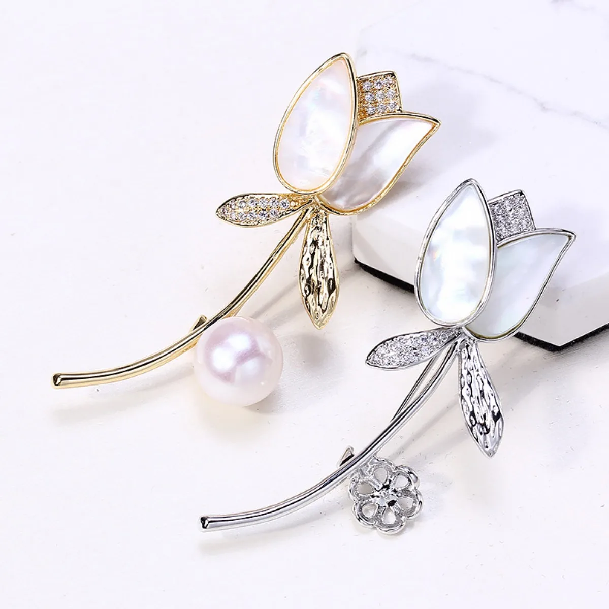 Brass Gold Plated Tulip Brooch Setting, Zircon Shell Inlaid Pin, DIY Pearl Corsage Handmade Jewelry Making
