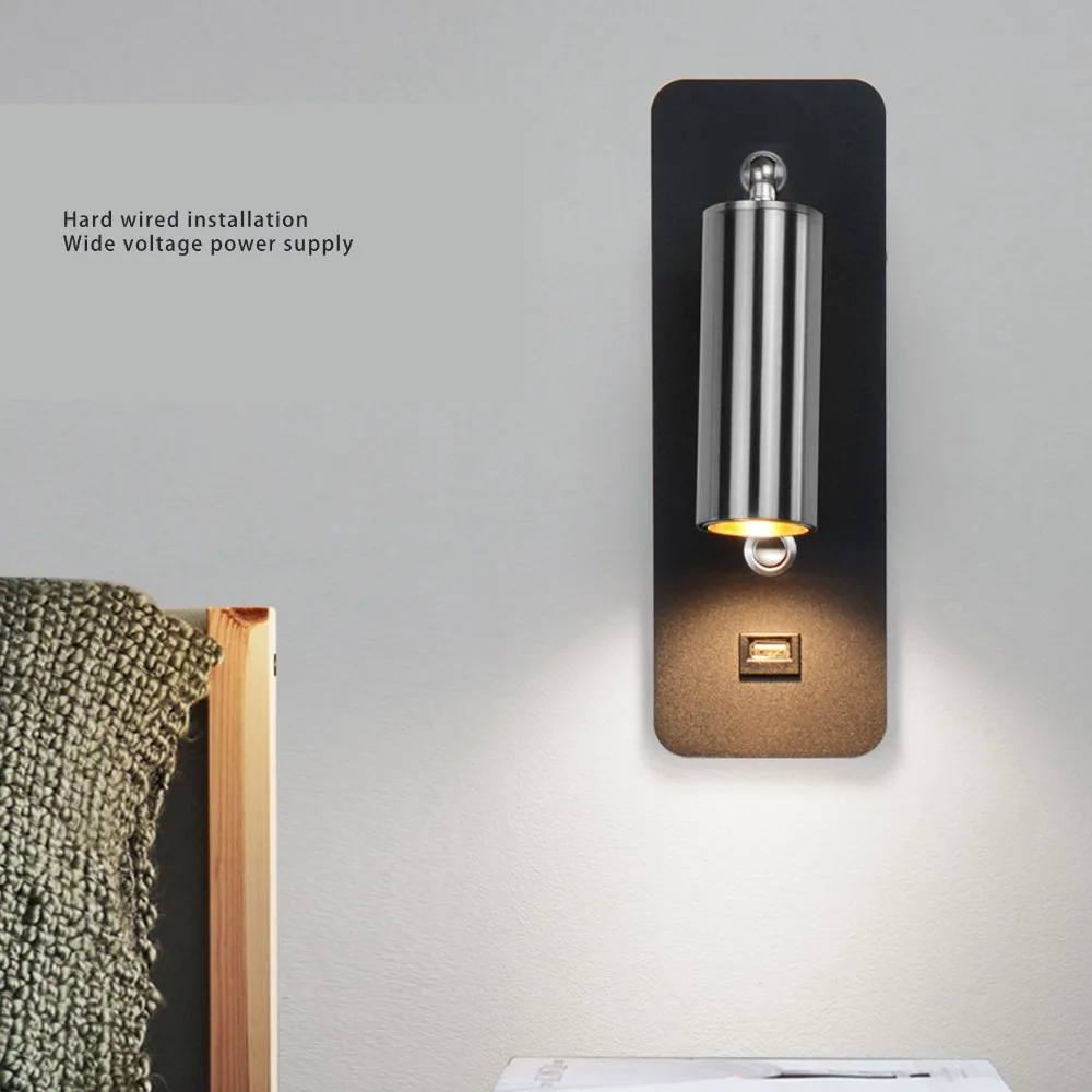 Fashion 7W LED Wall Lamp Neutral Light 4000K AC 100-260V Wall Mounted Light with USB Port Rotatable Wall Sconce Headboard