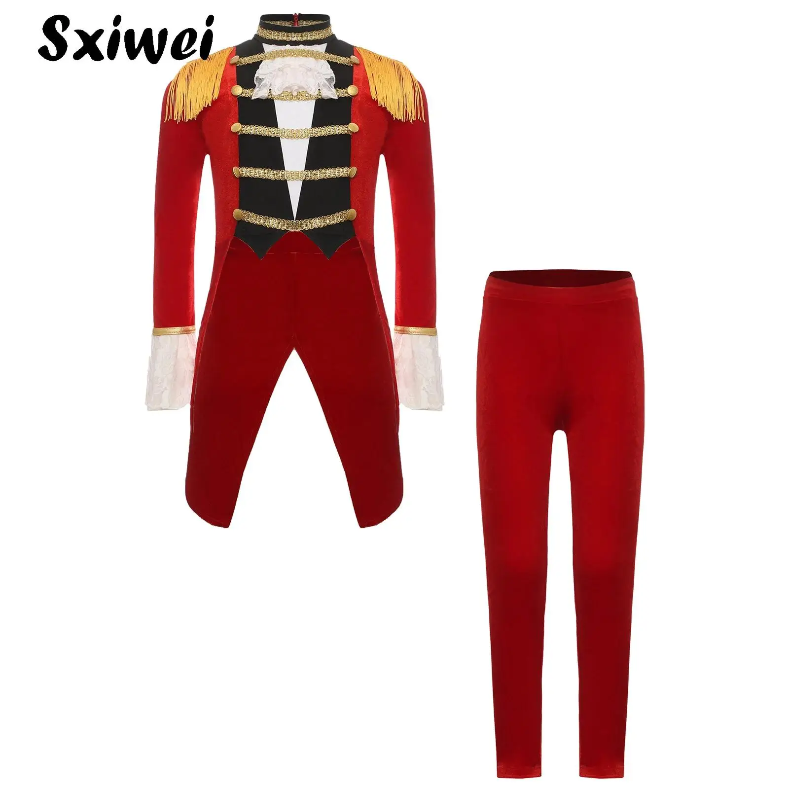 

Girls Circus Performance Costume Set Halloween Ringmaster Tassel Tailcoat Jacket with Leggings Outfit Showman Majorette Dress Up