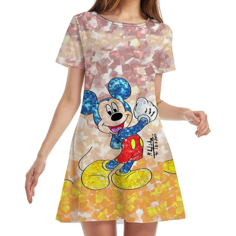 2022 New Ins Party Summer Sexy Club Disney Mickey and Minnie Print O Neck Short Sleeve Women's Knee Length Mini Dress