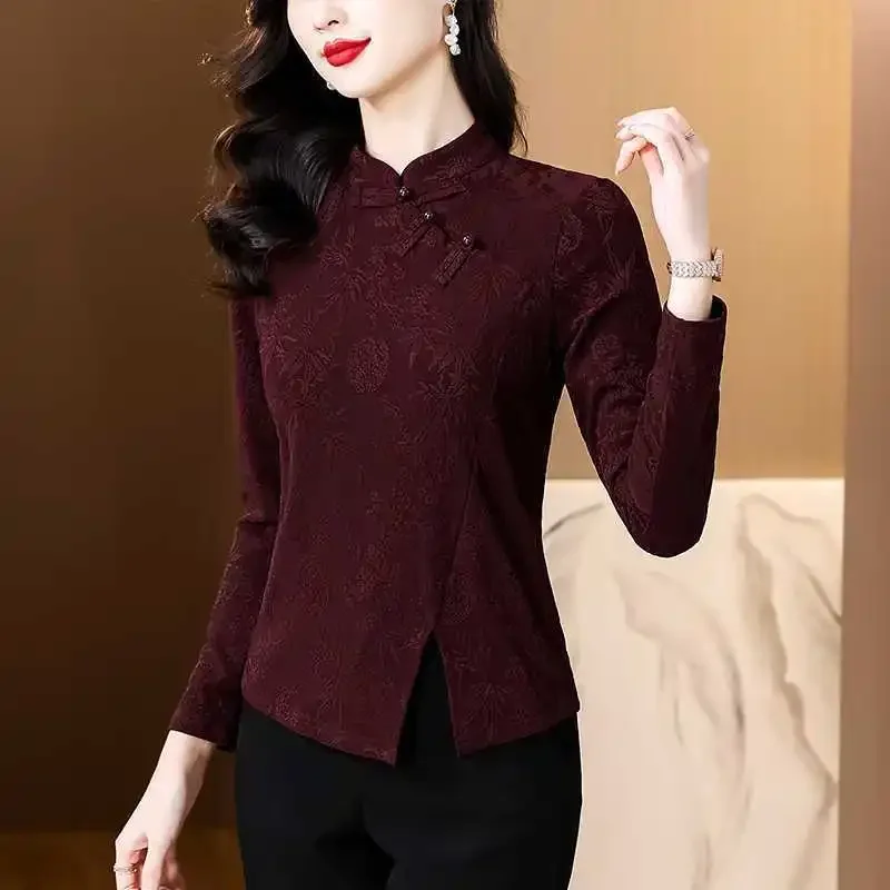 Button Female Fashionable Mother Outfit Encore Red Base Shirt Ethnic Style Retro