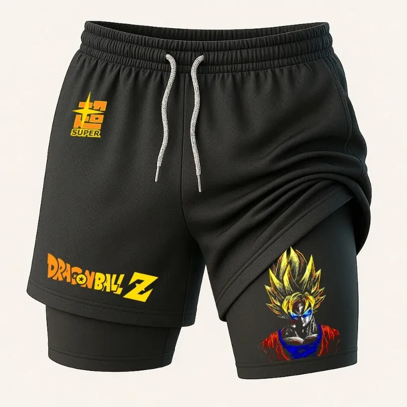 Pantaloncini Dragon Ball 2 in 1 Pantaloncini estivi da uomo con grafica anime giapponese Son Goku Pantaloncini da esterno con tasche Pantaloncini sportivi a due piani da uomo